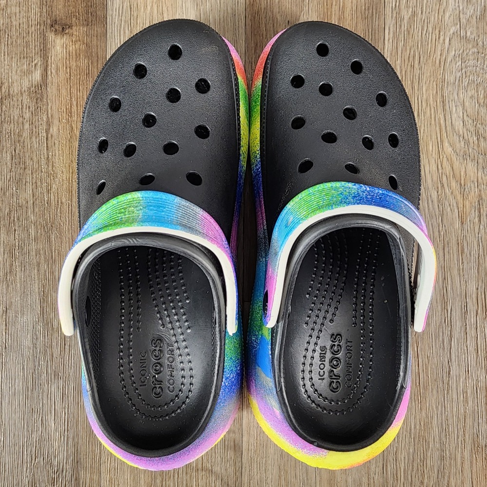 Crocs Classic Bae Clog Black Rainbow Spray Dye Platform Sandals Women Size 7 - Picture 6 of 9